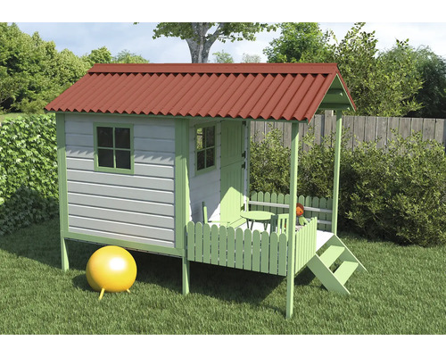 Spielhaus aus Holz mit Terrasse und Kugel