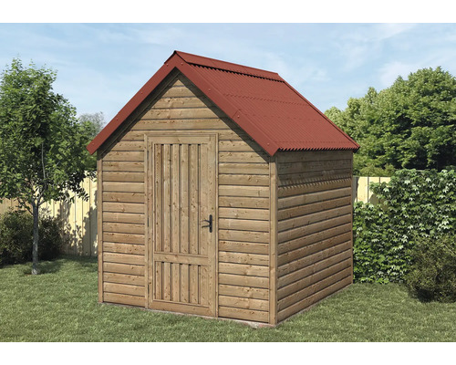 Holzgartenhaus mit Metaldach im Garten