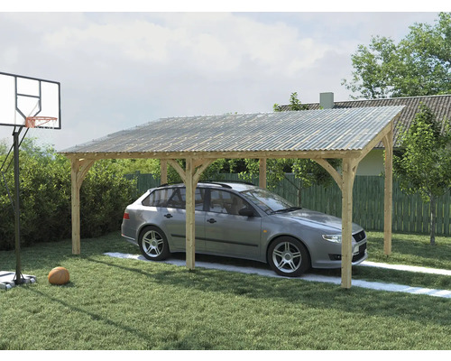 Carport mit transparentem Dach und Auto darunter, Basketballkorb im Garten