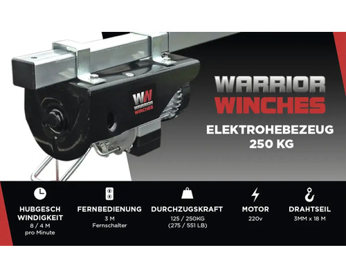 Elektrische Seilwinde 250 kg von Warrior Winches mit Fernbedienung