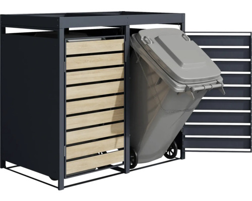 Mülltonnenbox mit Holzverkleidung und einer Mülltonne