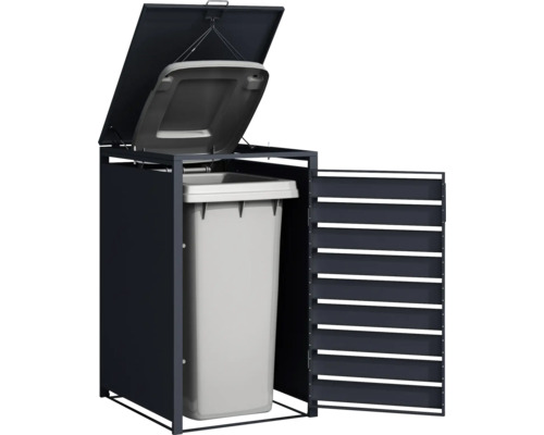 Mülltonnenbox mit geöffnetem Deckel und herausnehmbarem Behälter