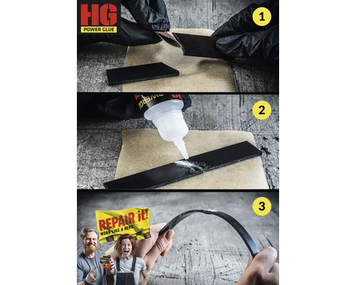 Dreistufige Bildanleitung zur Verwendung von Kraftkleber zum Reparieren eines schwarzen Gegenstandes: Schleifen, Auftragen von Klebstoff, Zusammenfügen