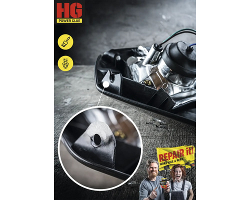 Detailaufnahme eines mit Klebstoff reparierten Scheinwerfers, HG Power Glue Logo