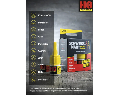 HG Power Glue für Kunststoffe, Porzellan, Leder, Glas, Polyester, Gummi, GFK, Stein, Holz und Metalle