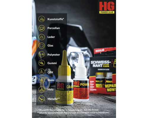 HG Power Glue für Kunststoffe, Porzellan, Leder, Glas, Polyester, Gummi, GFK, Stein, Holz und Metalle