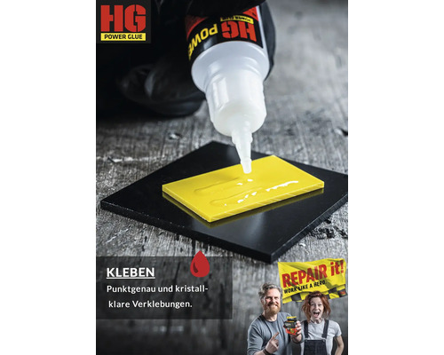 Auftragen von Sekundenkleber auf ein gelbes Werkstück