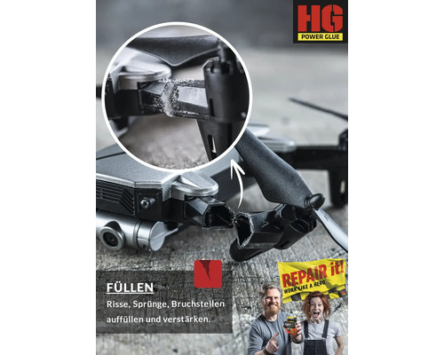 Anwendung von HG Power Glue an einer beschädigten Drohne zur Reparatur von Rissen und Brüchen.