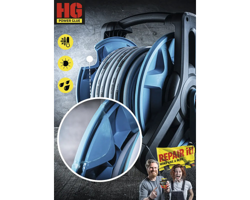 Schlauchtrommel mit Gartenschlauch, Frostschutz Symbol, Sonnensymbol, Wasserspritzer Symbol, HG Power Glue Logo