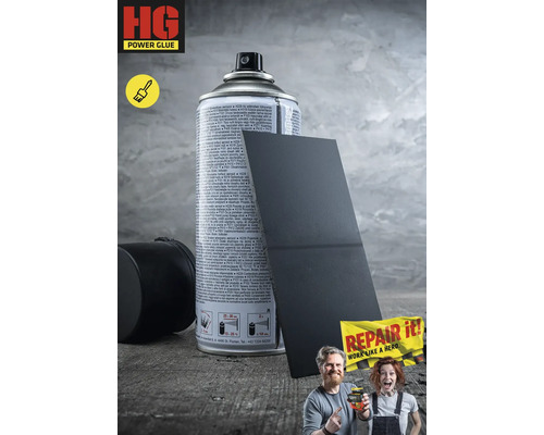 Sprühdose Klebstoff mit aufgedruckten Sicherheitshinweisen und einem Hinweisschild