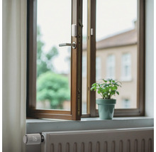 Szene mit Fenster, Heizkörperthermostat und Fensterkontakt für Smart Home Steuerung