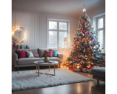 Wohnzimmer mit Sofa, Couchtisch und geschmücktem Weihnachtsbaum