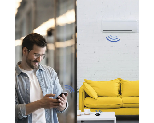 Ein Mann mit Mobiltelefon steuert eine Klimaanlage in einem Wohnzimmer