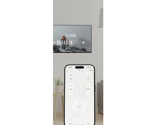 Smartphone mit App zur Steuerung eines Fernsehers mit Lautstärkeregelung