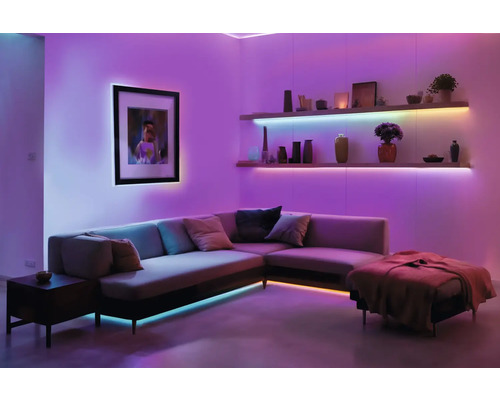Wohnzimmer mit Ecksofa, Regalen und Bild mit indirekter Beleuchtung