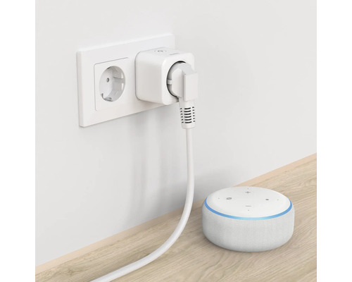 Intelligente Steckdose mit eingestecktem Stecker in einer Wandsteckdose und ein intelligenter Lautsprecher auf einer Oberfläche