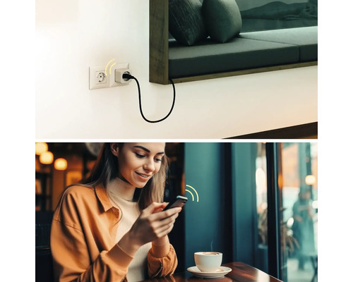Intelligente Steckdose in Innenräumen und Frau mit Smartphone