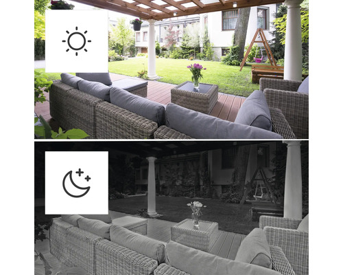 Illustration von Tag- und Nachtsicht eines Gartens mit Sitzbereich