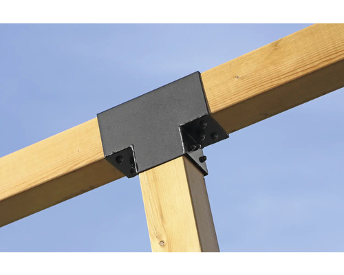 Holzkonstruktion mit T-förmigem Verbinder aus Metall und Schrauben