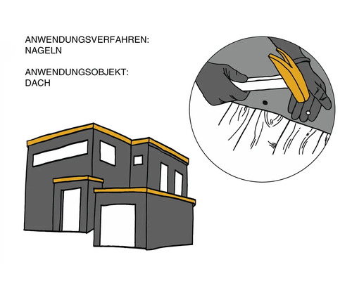Zeichnung: Haus mit Dachbefestigung durch Nageln.