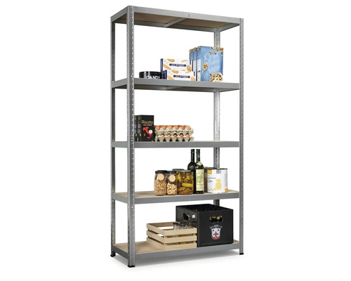 Metallregal mit fünf Regalböden, gefüllt mit Lebensmitteln