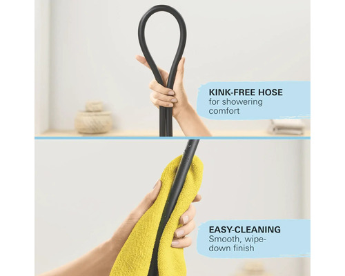 Abbildung eines knickfreien Duschschlauchs in der Hand und eines Duschschlauchs, der mit einem Tuch abgewischt wird.