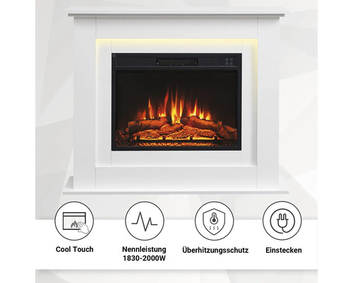 Elektrischer Kamin mit Cool-Touch-Funktion, Nennleistung 1830 bis 2000 Watt und Überhitzungsschutz