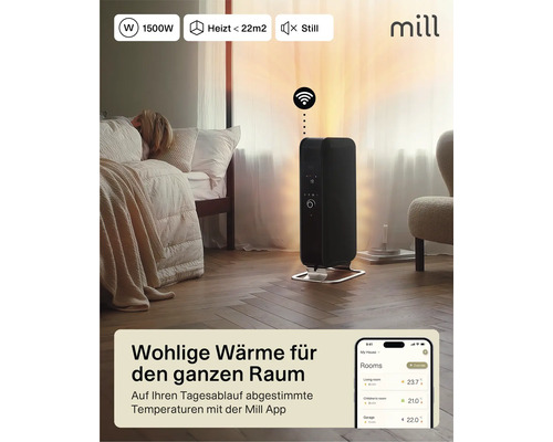 Schwarzer, digitaler Mill Heizkörper im Raum mit Mill App Steuerung
