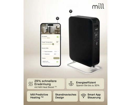 Schwarzer Ölradiator mit App-Steuerung und Smartphone-App