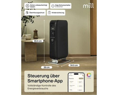 Schwarzer Mill Konvektor Heizkörper mit den Maßen 65,5 cm Höhe, 26 cm und 34,5 cm Tiefe, mit Überhitzungsschutz, Kindersicherung und Kippschutzschalter