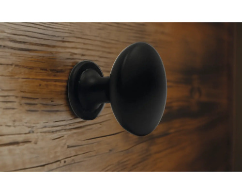 Schwarzer Möbelknopf an einer Holztür