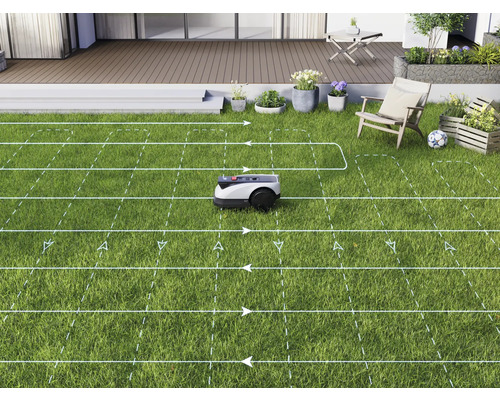 Rasenmähroboter auf einer Rasenfläche mit Mähspur