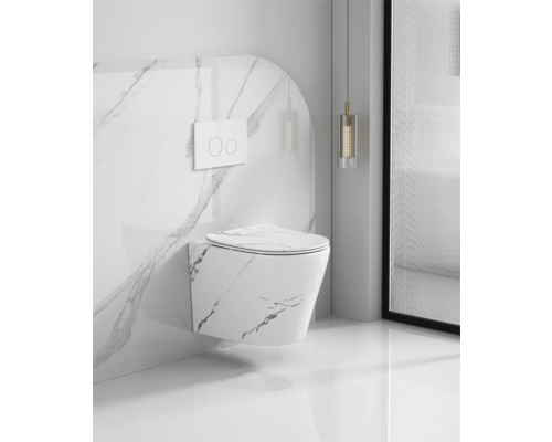 Wandhängendes WC mit Marmoroptik in einem modernen Badezimmer.