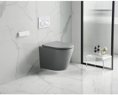 Modernes Badezimmer mit wandhängendem WC, Betätigungsplatte und Glaswand