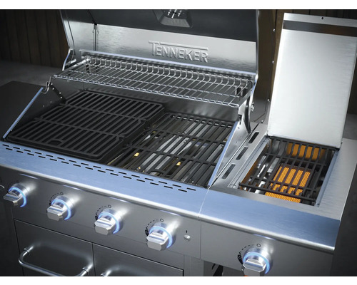 Tenneker Gasgrill mit geöffnetem Deckel und Grillrosten