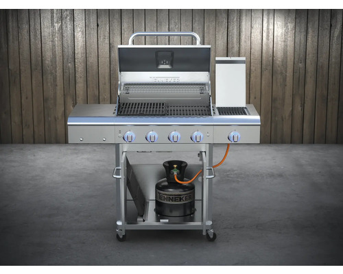 Edelstahl Gasgrill mit vier Brennern, Grillrosten und einer Gasflasche
