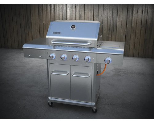 Edelstahl Gasgrill mit vier Brennern und Unterschrank