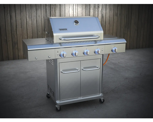 Edelstahl Grillwagen mit vier Brennern und Unterschrank