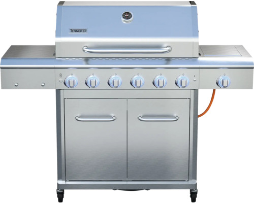 Edelstahl Gasgrill mit sechs Brennern, Seitentischen und Unterschrank