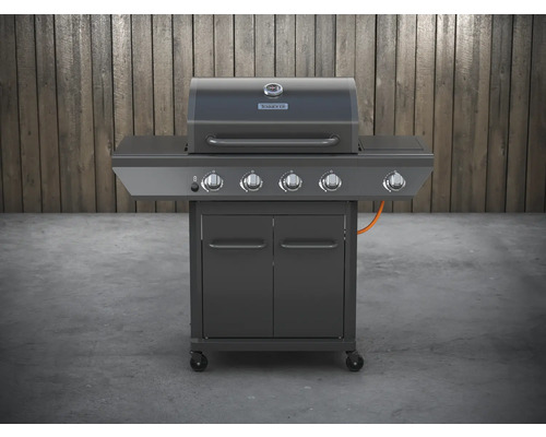 Dunkelgrauer Gasgrill mit vier Brennern, doppelter Tür und Rollen