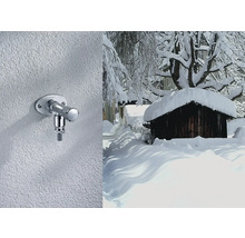 Außenwasserhahn an einer Wand und eine verschneite Hütte