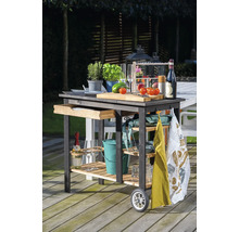 Servierwagen aus Holz mit Schublade, Ablageflächen und Rädern im Außenbereich