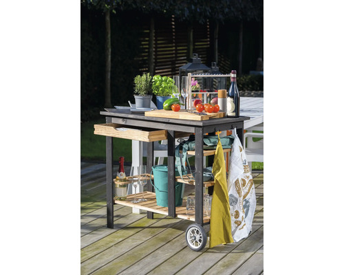 Servierwagen aus Holz mit Schublade, Ablageflächen und Rädern im Außenbereich