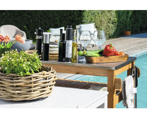 Grilltisch mit Speisen, Getränken und Pflanzen neben einem Schwimmbad