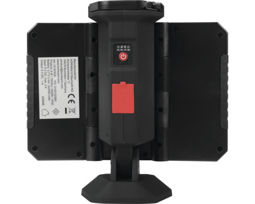 Rückansicht einer tragbaren LED-Baustellenleuchte mit Angaben zu Leistung, Batterie und Hersteller.