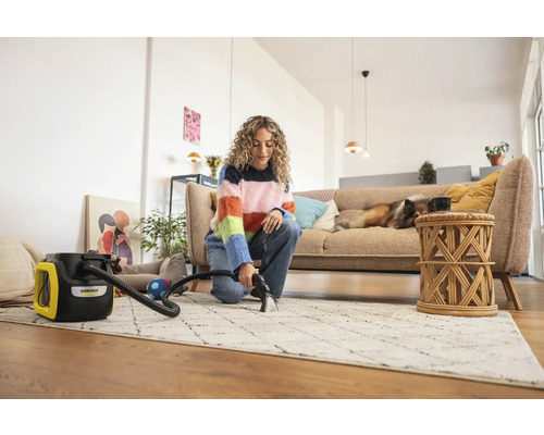 Frau reinigt Teppich mit Kärcher Waschsauger in einem hellen Wohnzimmer
