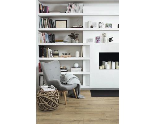 Wohnzimmer mit Bücherregal, Sessel und Dekoration