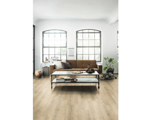 Heller Wohnraum mit Sofa, Couchtisch und Holzboden