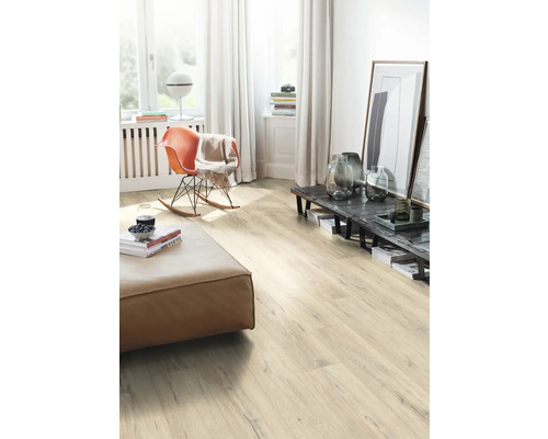 Heller Wohnraum mit Laminatboden, Sessel und Couch