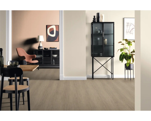 Wohnraum mit Bodenbelag, Esstisch und Schrank